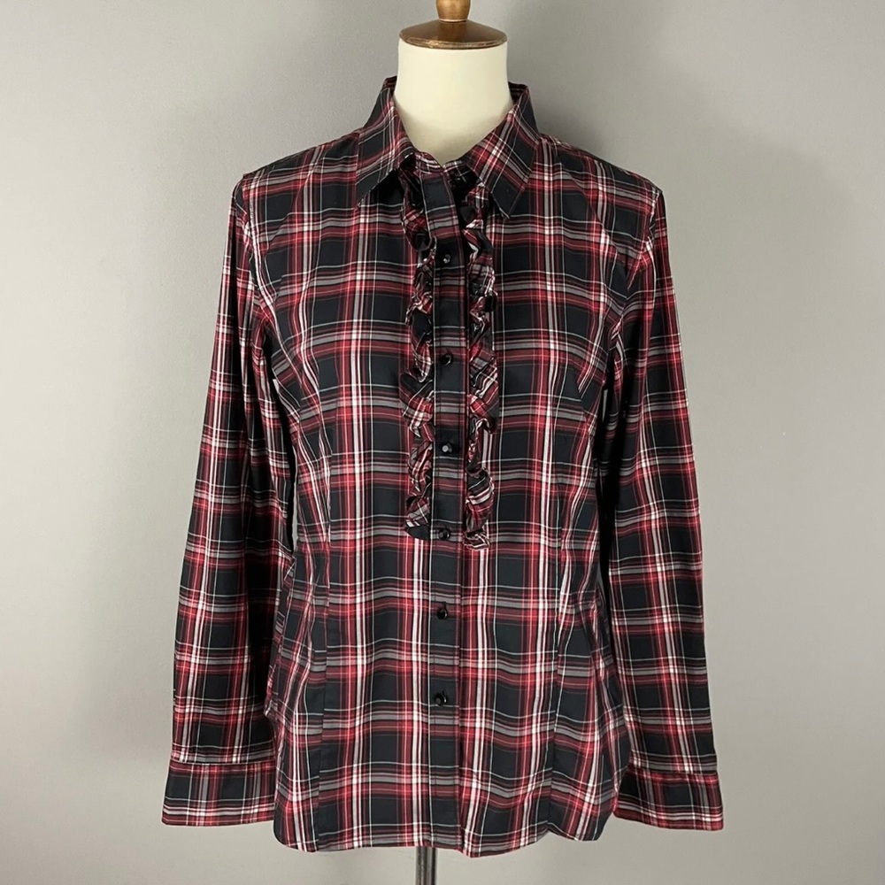 Talbots Ruffled, Plaid Button Down Blouse Size 14 - image 3